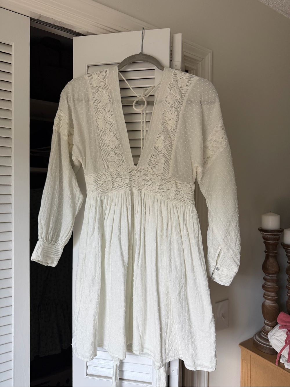 Free People White Boho Lace-Trim Long Sleeve Mini Dress